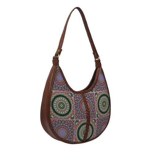Multicolored Ethnic Motifs Printed Half Moon Hobo Bag - Uncommongifts.in